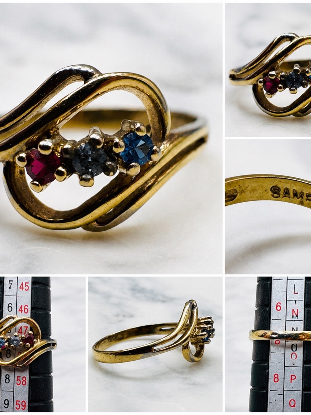 Gold Three-Stone Birthstone sample Ring with Red, Gray, and Blue Stones size 6 - Picture 2 of 14